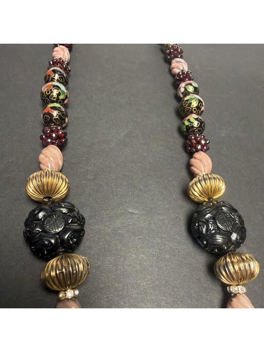 Vintage Art Glass Beaded Necklace Wedding Cake Style Beads Stone Carved Chinese - Picture 14 of 14